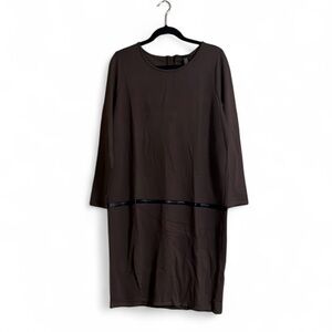 MarlaWynne Dress Sz L Shift Brown Long Sleeves Faux Leather Trim Closet Staple